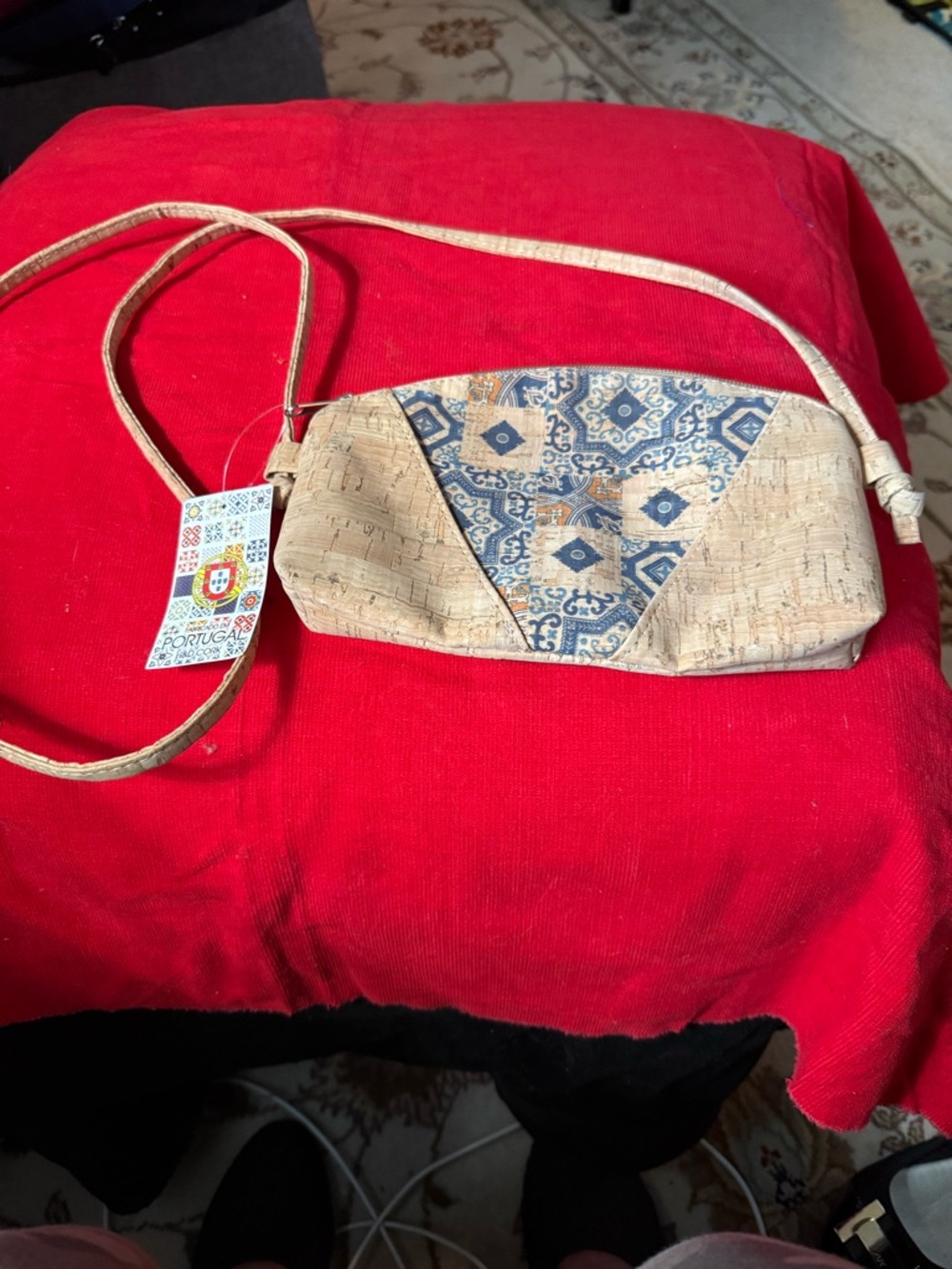 Cork Crossbody Bag with Blue Tile Accent - Portugal